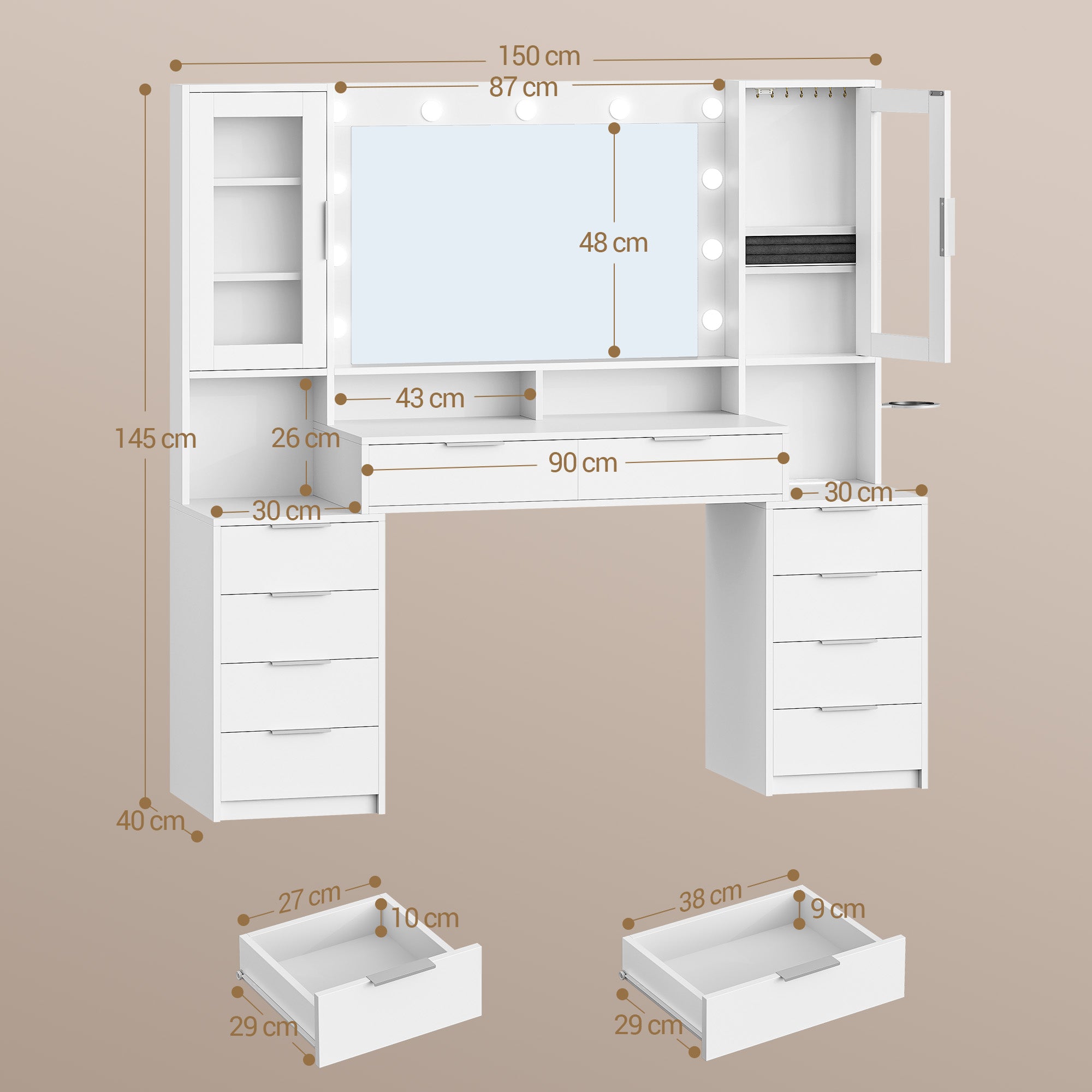 Hzuaneri 150cm Dressing Table with LED Lighting, Dressing Table with Multi Socket, 11 LED Lights, Three Lighting Colours, 10 Drawers, Storage for Jewelry, White-Silver DT434703XEU