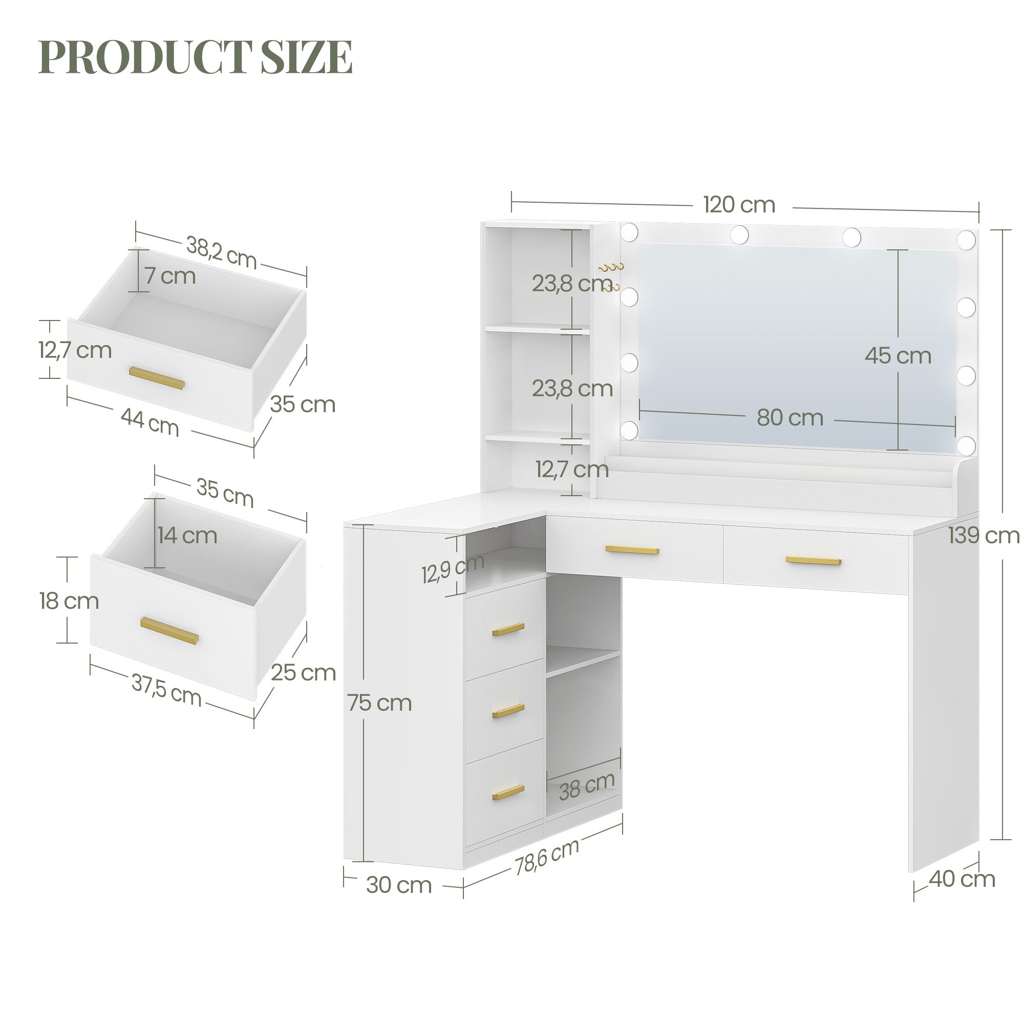 HEXCELEN Dressing Table with Large Mirror, Corner Vanity Table with 5 Drawers, Multiple Open Storage Compartments, 40 x 120 x 139 cm, White,1120103X