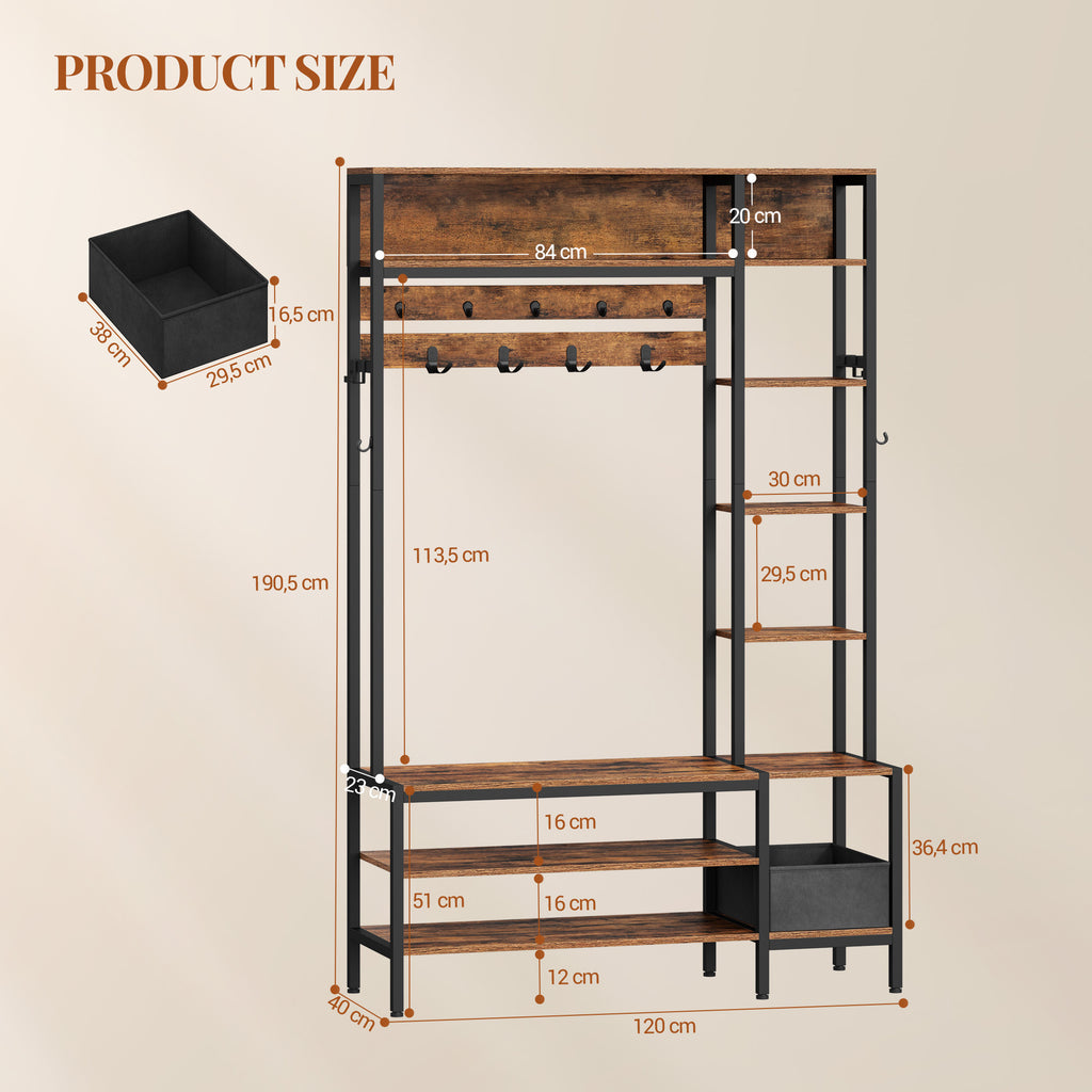 HEXCELEN Coat Stand with Shoe Bench, 1 Fabric Basket, Clothes Rack with 15 Hooks, 8 Open Shelves for Hallways and Living Room, 40 x 120 x 190.5 cm, Brown and Black 722101B