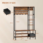 HEXCELEN Coat Stand with Shoe Bench, 1 Fabric Basket, Clothes Rack with 15 Hooks, 8 Open Shelves for Hallways and Living Room, 40 x 120 x 190.5 cm, Brown and Black 722101B