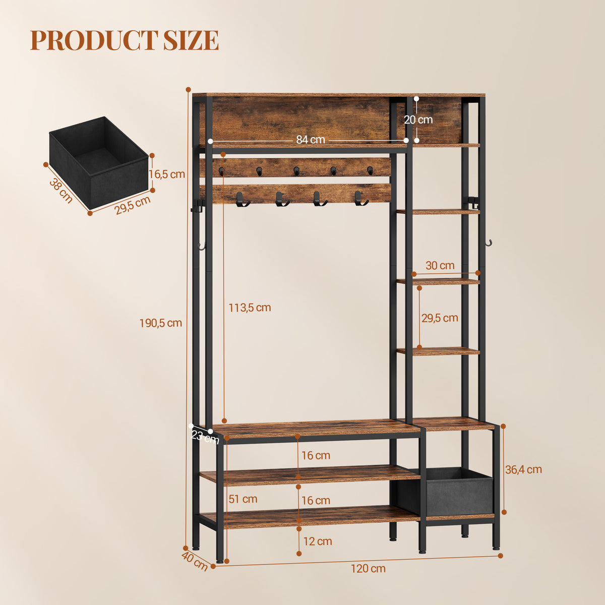HEXCELEN Coat Stand with Shoe Bench, 1 Fabric Basket, Clothes Rack with 15 Hooks, 8 Open Shelves for Hallways and Living Room, 40 x 120 x 190.5 cm, Brown and Black 722101B
