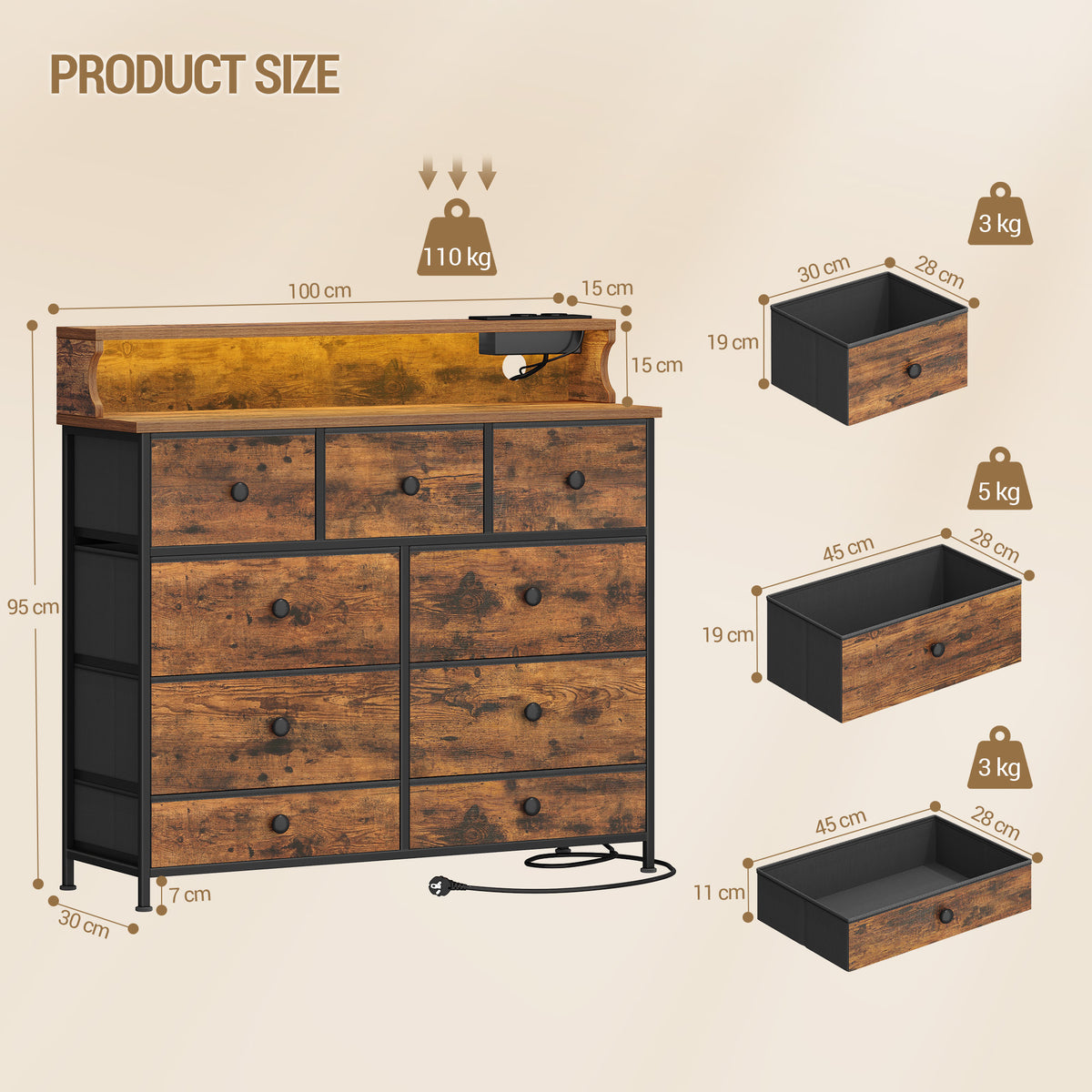 Hzuaneri 9-Drawer Dresser, LED Light Strip, 2 USB & 2 AC Ports