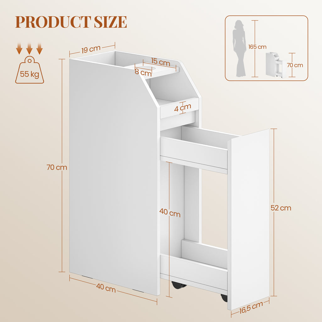 HEXCELEN Small Bathroom Cabinet, Narrow Bathroom Cabinet, Small Cabinet for Toilet Paper, Toilet Cabinet with Drawer Wheels, Storage Cabinet Standing for Small Spaces, White, 40 x 19 x 70 cm, 519103X