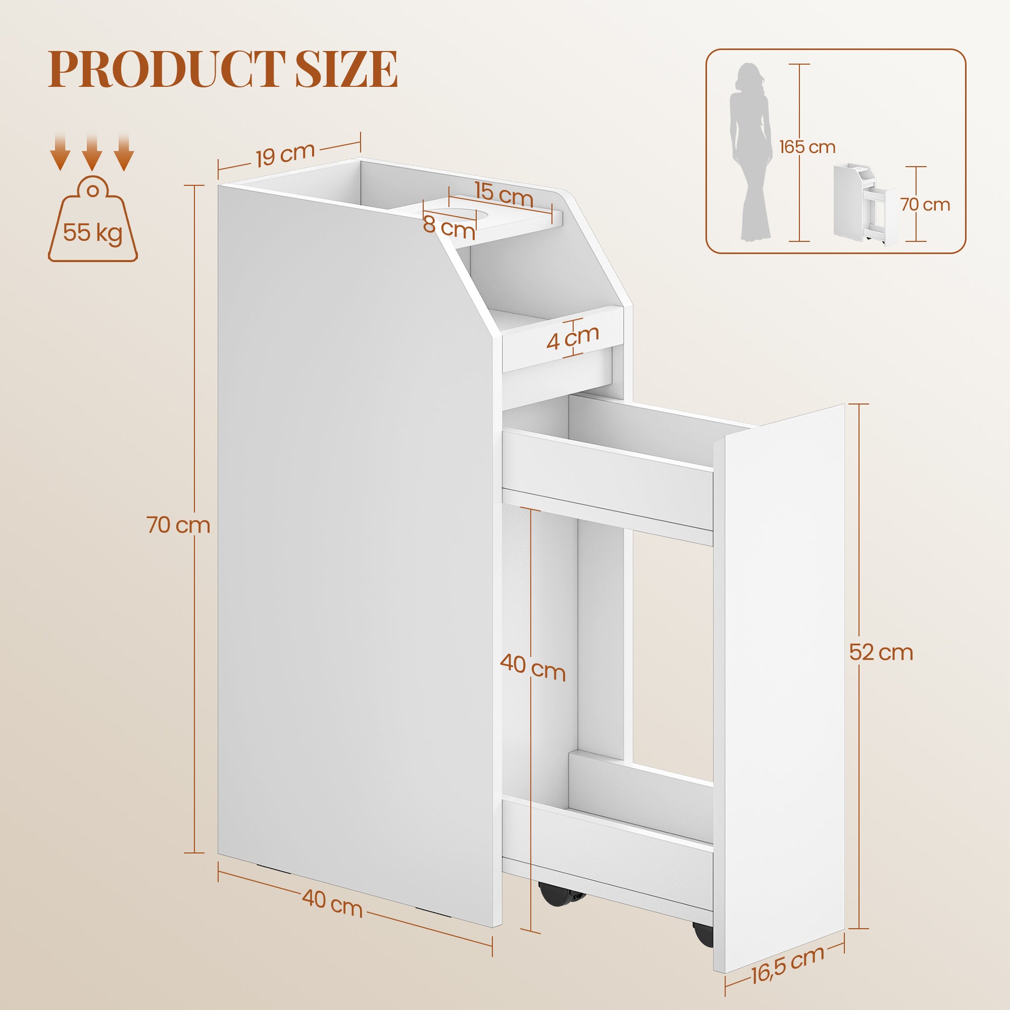 HEXCELEN Small Bathroom Cabinet, Narrow Bathroom Cabinet, Small Cabinet for Toilet Paper, Toilet Cabinet with Drawer Wheels, Storage Cabinet Standing for Small Spaces, White, 40 x 19 x 70 cm, 519103X