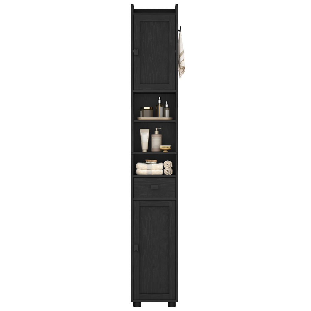 HEXCELEN Bathroom Cabinet, Narrow Tall Bathroom Cabinet, Bathroom Tall Cabinet with 2 Doors and 1 Drawer, Adjustable Shelves, Open Compartment, Space-Saving Bathroom Shelf, 28 x 28 x 180 cm, Black, 480004X