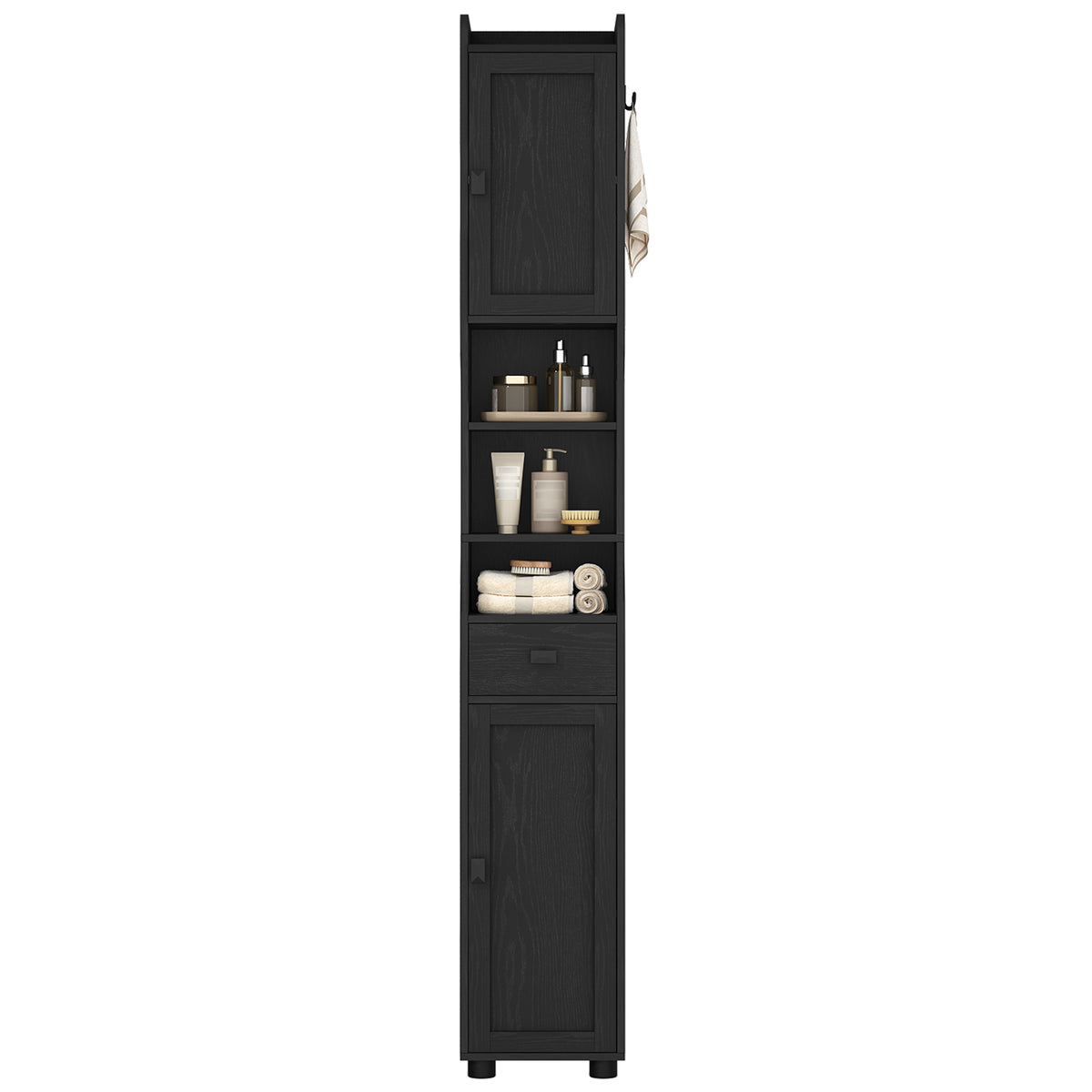 HEXCELEN Bathroom Cabinet, Narrow Tall Bathroom Cabinet, Bathroom Tall Cabinet with 2 Doors and 1 Drawer, Adjustable Shelves, Open Compartment, Space-Saving Bathroom Shelf, 28 x 28 x 180 cm, Black, 480004X