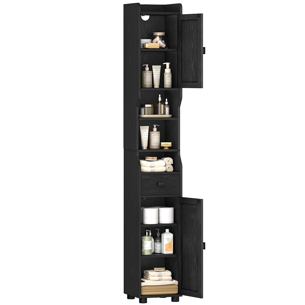 HEXCELEN Bathroom Cabinet, Narrow Tall Bathroom Cabinet, Bathroom Tall Cabinet with 2 Doors and 1 Drawer, Adjustable Shelves, Open Compartment, Space-Saving Bathroom Shelf, 28 x 28 x 180 cm, Black, 480004X