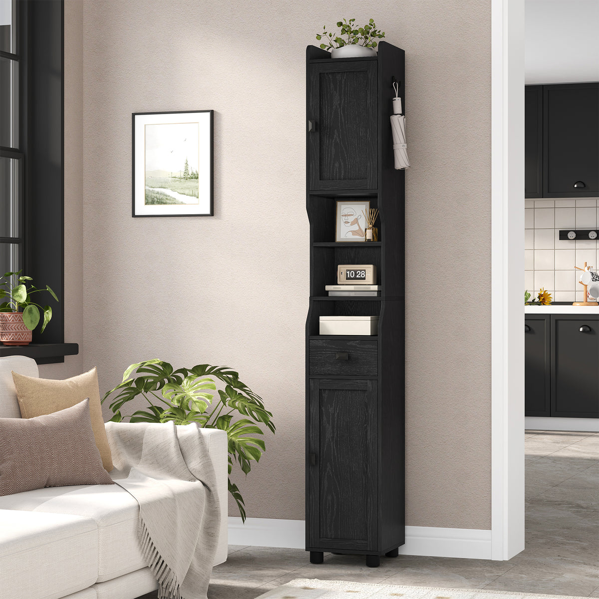 HEXCELEN Bathroom Cabinet, Narrow Tall Bathroom Cabinet, Bathroom Tall Cabinet with 2 Doors and 1 Drawer, Adjustable Shelves, Open Compartment, Space-Saving Bathroom Shelf, 28 x 28 x 180 cm, Black, 480004X