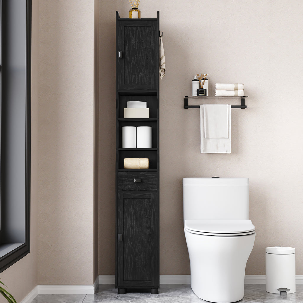 HEXCELEN Bathroom Cabinet, Narrow Tall Bathroom Cabinet, Bathroom Tall Cabinet with 2 Doors and 1 Drawer, Adjustable Shelves, Open Compartment, Space-Saving Bathroom Shelf, 28 x 28 x 180 cm, Black, 480004X