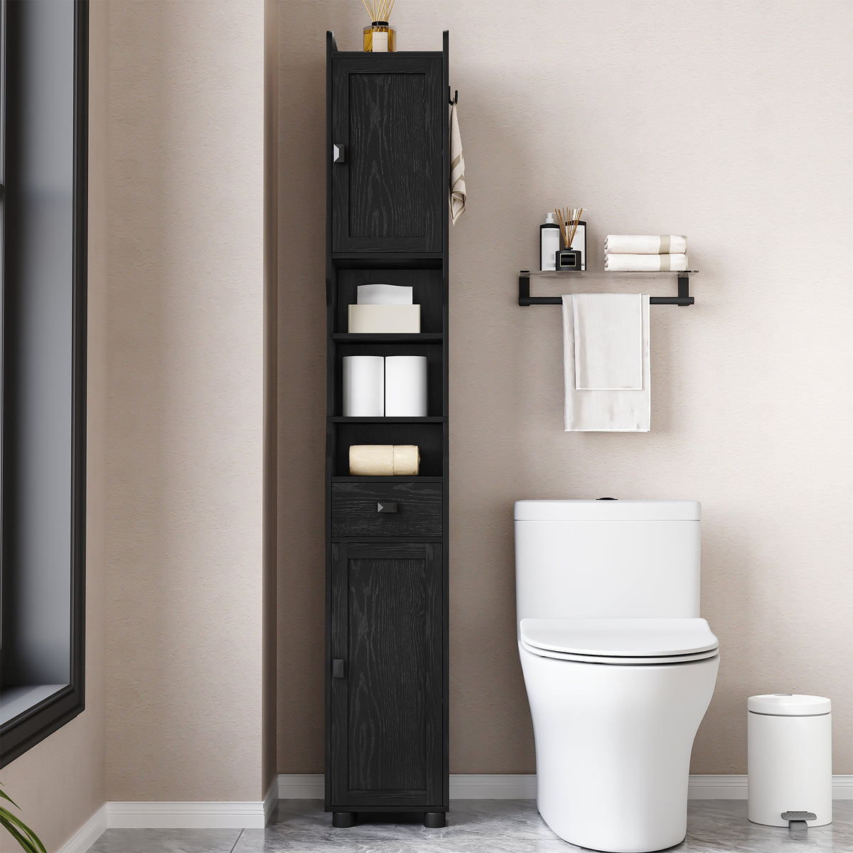 HEXCELEN Bathroom Cabinet, Narrow Tall Bathroom Cabinet, Bathroom Tall Cabinet with 2 Doors and 1 Drawer, Adjustable Shelves, Open Compartment, Space-Saving Bathroom Shelf, 28 x 28 x 180 cm, Black, 480004X