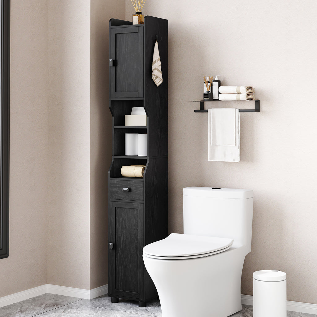HEXCELEN Bathroom Cabinet, Narrow Tall Bathroom Cabinet, Bathroom Tall Cabinet with 2 Doors and 1 Drawer, Adjustable Shelves, Open Compartment, Space-Saving Bathroom Shelf, 28 x 28 x 180 cm, Black, 480004X