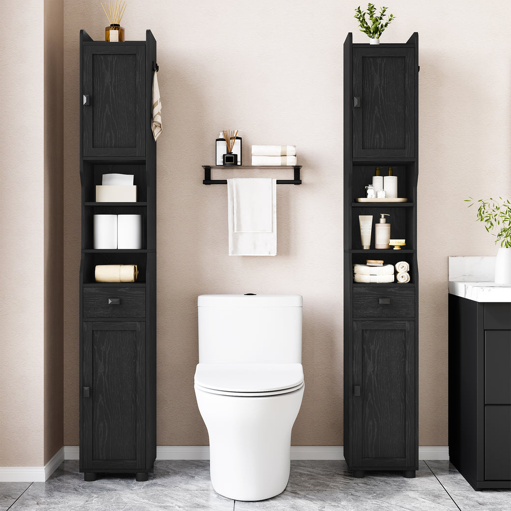HEXCELEN Bathroom Cabinet, Narrow Tall Bathroom Cabinet, Bathroom Tall Cabinet with 2 Doors and 1 Drawer, Adjustable Shelves, Open Compartment, Space-Saving Bathroom Shelf, 28 x 28 x 180 cm, Black, 480004X