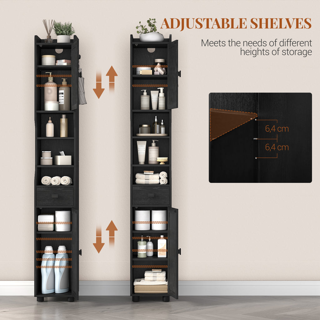 HEXCELEN Bathroom Cabinet, Narrow Tall Bathroom Cabinet, Bathroom Tall Cabinet with 2 Doors and 1 Drawer, Adjustable Shelves, Open Compartment, Space-Saving Bathroom Shelf, 28 x 28 x 180 cm, Black, 480004X