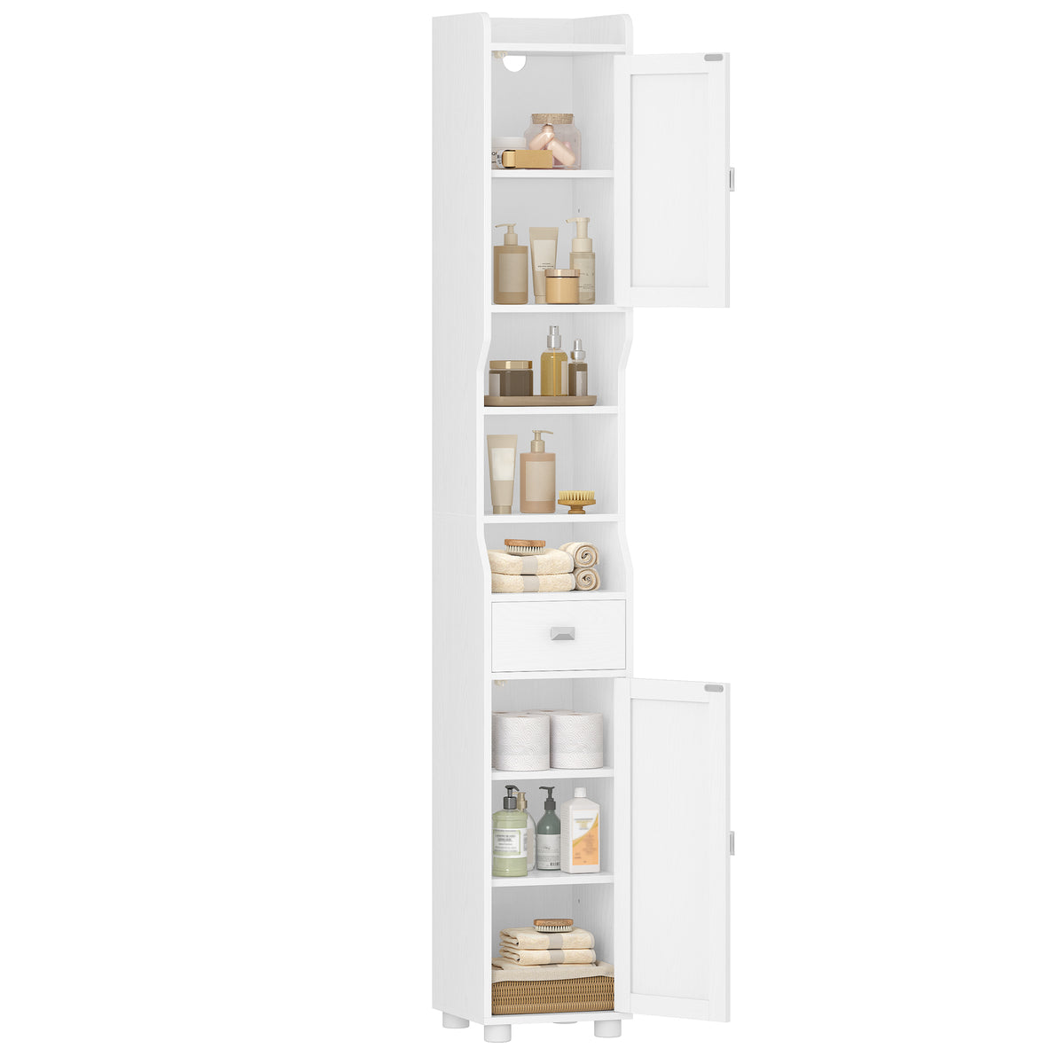 HEXCELEN Bathroom Cabinet, Narrow Tall Bathroom Cabinet, Bathroom Tall Cabinet with 2 Doors and 1 Drawer, Adjustable Shelves, Open Compartment, Space-Saving Bathroom Shelf, 28 x 28 x 180 cm, White, 480013X