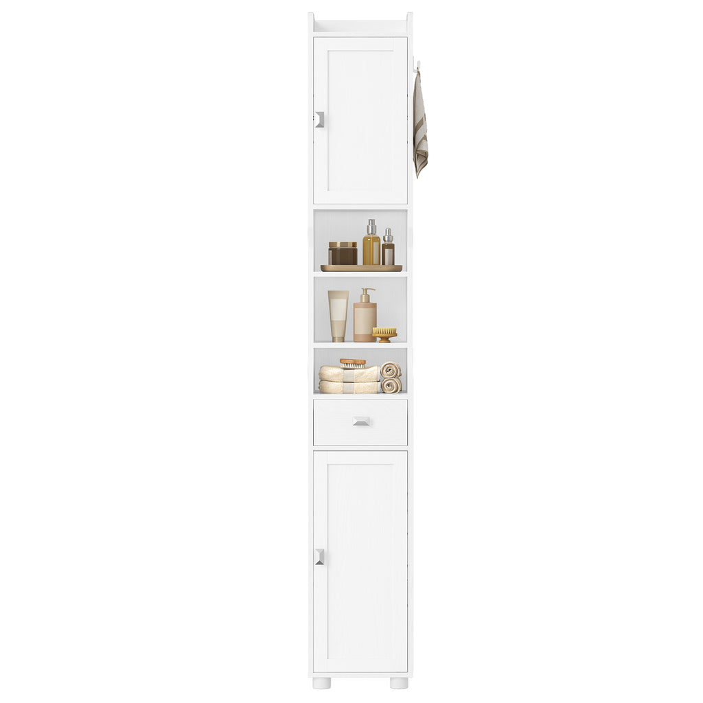 HEXCELEN Bathroom Cabinet, Narrow Tall Bathroom Cabinet, Bathroom Tall Cabinet with 2 Doors and 1 Drawer, Adjustable Shelves, Open Compartment, Space-Saving Bathroom Shelf, 28 x 28 x 180 cm, White, 480013X