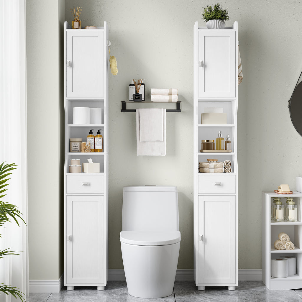 HEXCELEN Bathroom Cabinet, Narrow Tall Bathroom Cabinet, Bathroom Tall Cabinet with 2 Doors and 1 Drawer, Adjustable Shelves, Open Compartment, Space-Saving Bathroom Shelf, 28 x 28 x 180 cm, White, 480013X