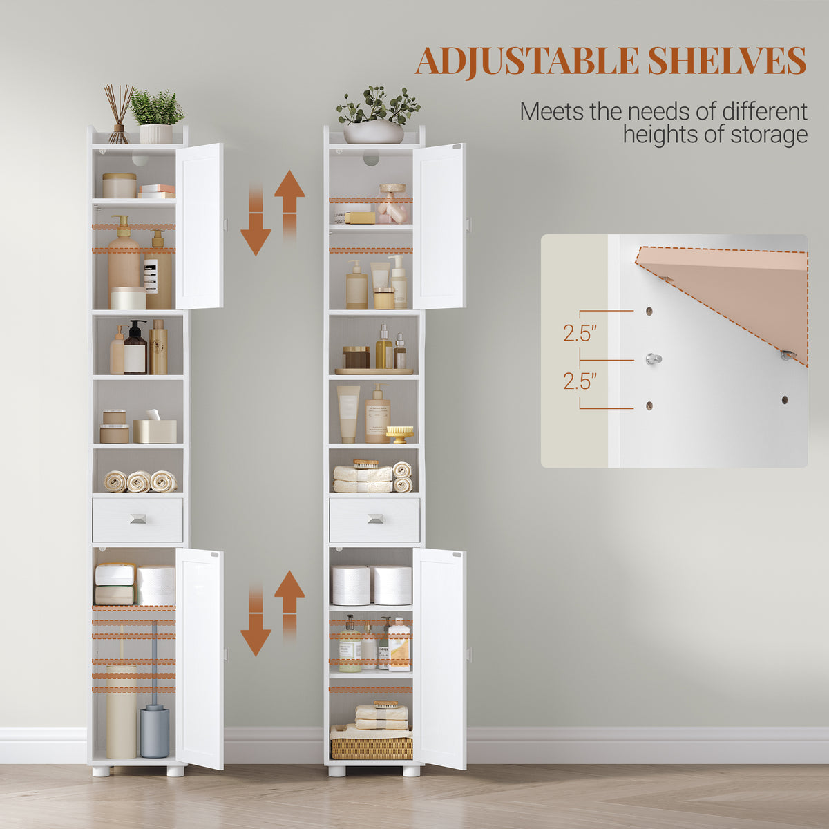 HEXCELEN Bathroom Cabinet, Narrow Tall Bathroom Cabinet, Bathroom Tall Cabinet with 2 Doors and 1 Drawer, Adjustable Shelves, Open Compartment, Space-Saving Bathroom Shelf, 28 x 28 x 180 cm, White, 480013X