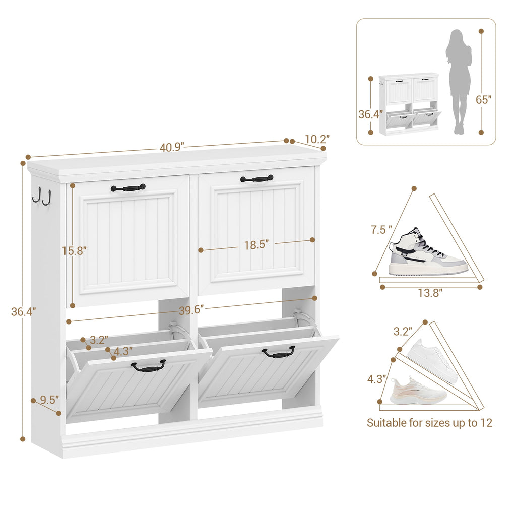 Hzuaneri 36.2" Tall Narrow Shoe Organizer, Freestanding Wooden Hidden Shoe Cabinet with 4 Flip Drawers & Adjustable Shelves, Multi-Purpose Storage Furniture for Entryway Hallway, White