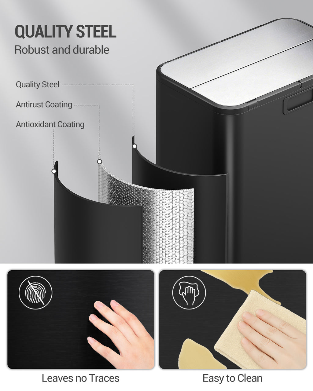 Hzuaneri Kitchen Trash Can, 2 x 28 Liter Narrow Trash Cans, Waste Separation System with Removable Inner Bucket, Includes 15 Special Trash Bags, Black SW22899B