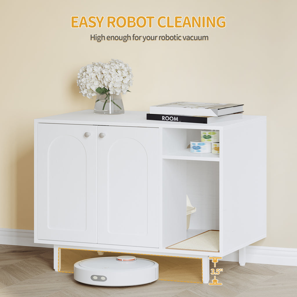 Hzuaneri Cat Litter Box Enclosure, Hidden Litter Box Furniture with Scratching Mat, Wooden Pet House Side End Table, Tall Legs, Double Doors, 80 x 50 x 61 cm, White CB01513W