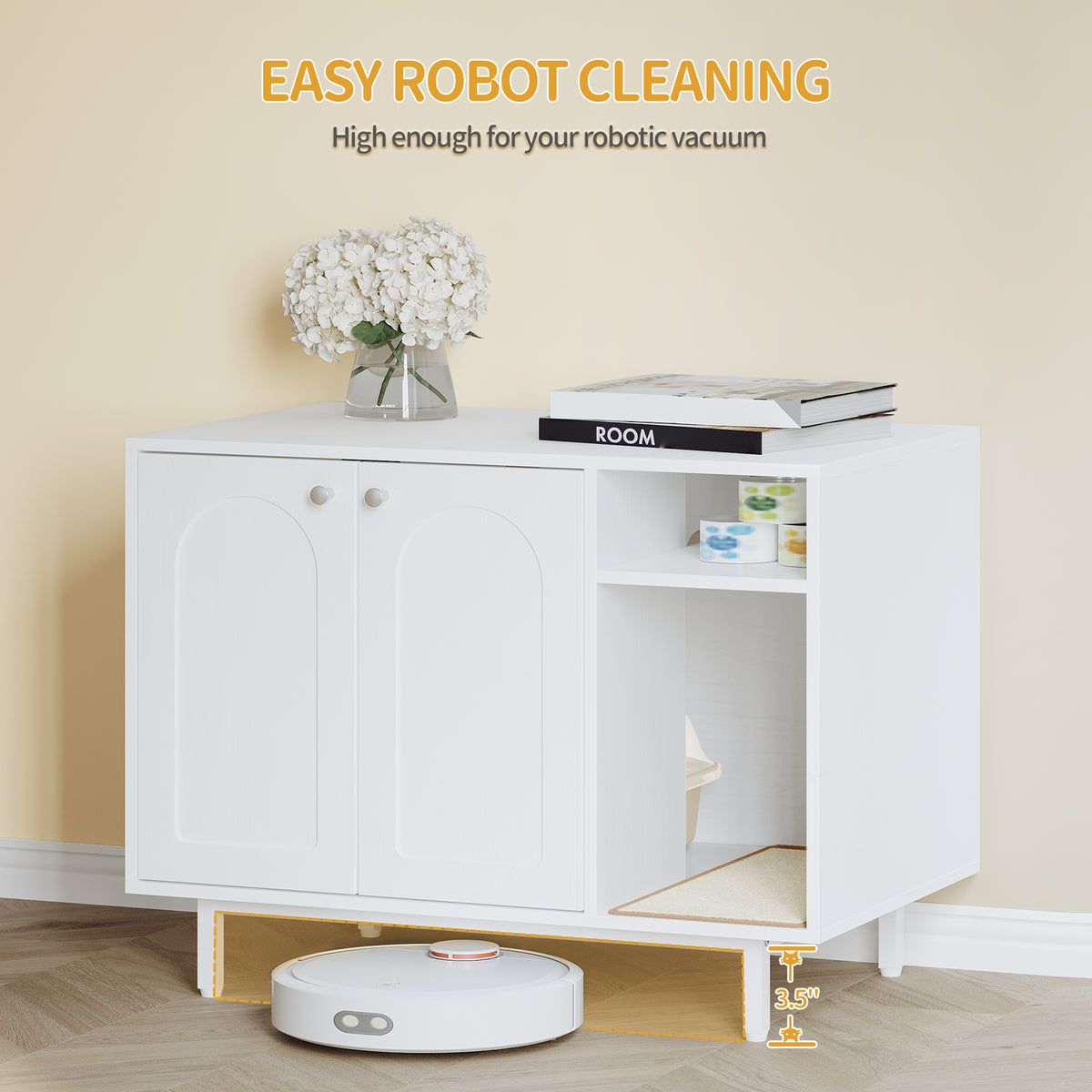 Hzuaneri Cat Litter Box Enclosure, Hidden Litter Box Furniture with Scratching Mat, Wooden Pet House Side End Table, Tall Legs, Double Doors, 80 x 50 x 61 cm, White CB01513W