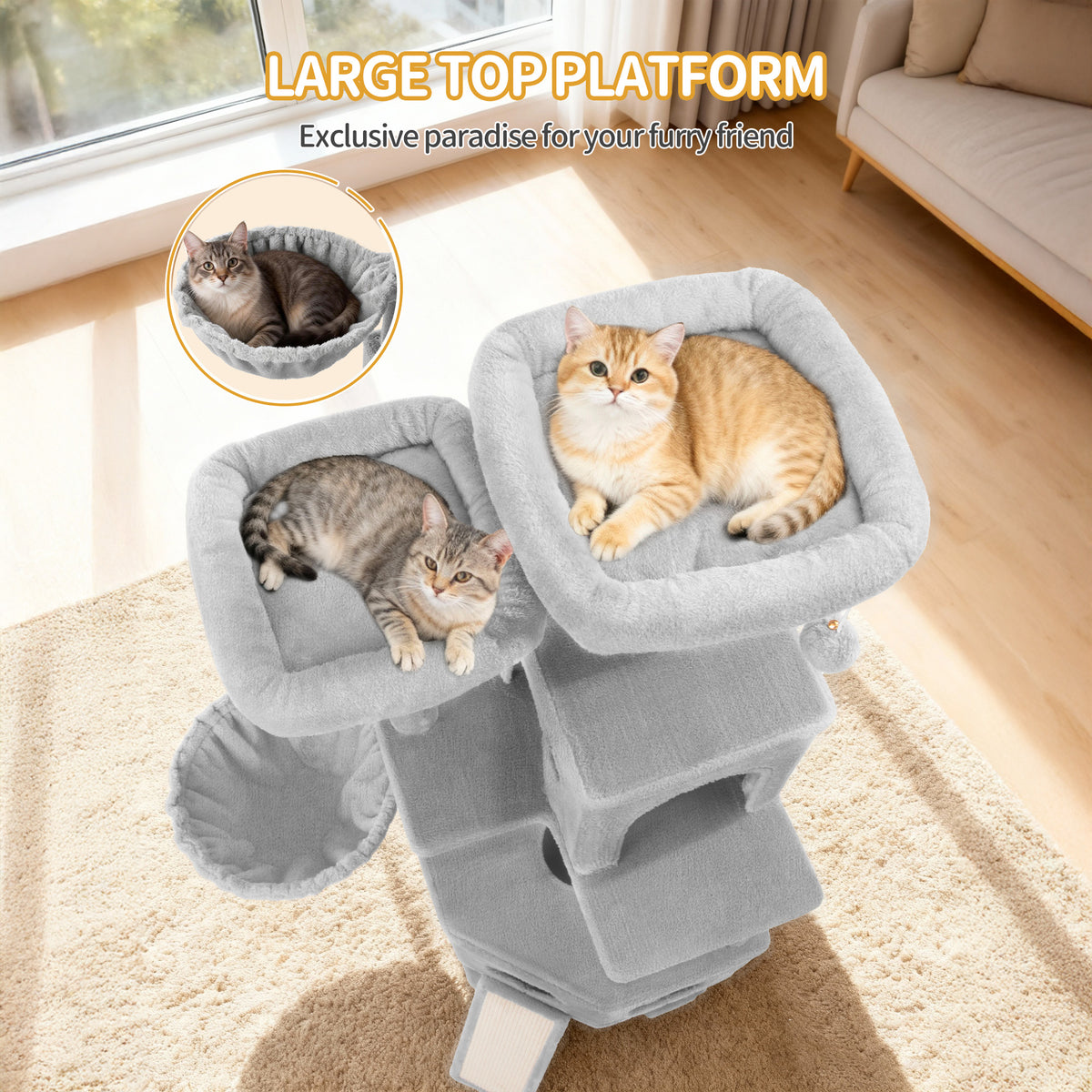 Hzuaneri Cat Tree for Indoor Cats, 174cm Cat Tower for Large Cats, 2 Platforms, 2 Caves, 4 Sisal Posts, Scratching Board, Cat Basket, Sisal Rope, Heavy-Duty for multiple cats, Light Grey MS17418LG