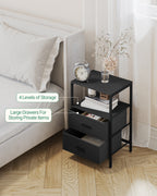 HEXCELEN Bedside Table Set of 2 with 2 Fabric Drawers & Shelf, Nightstand for Bedroom and Living Room, Black