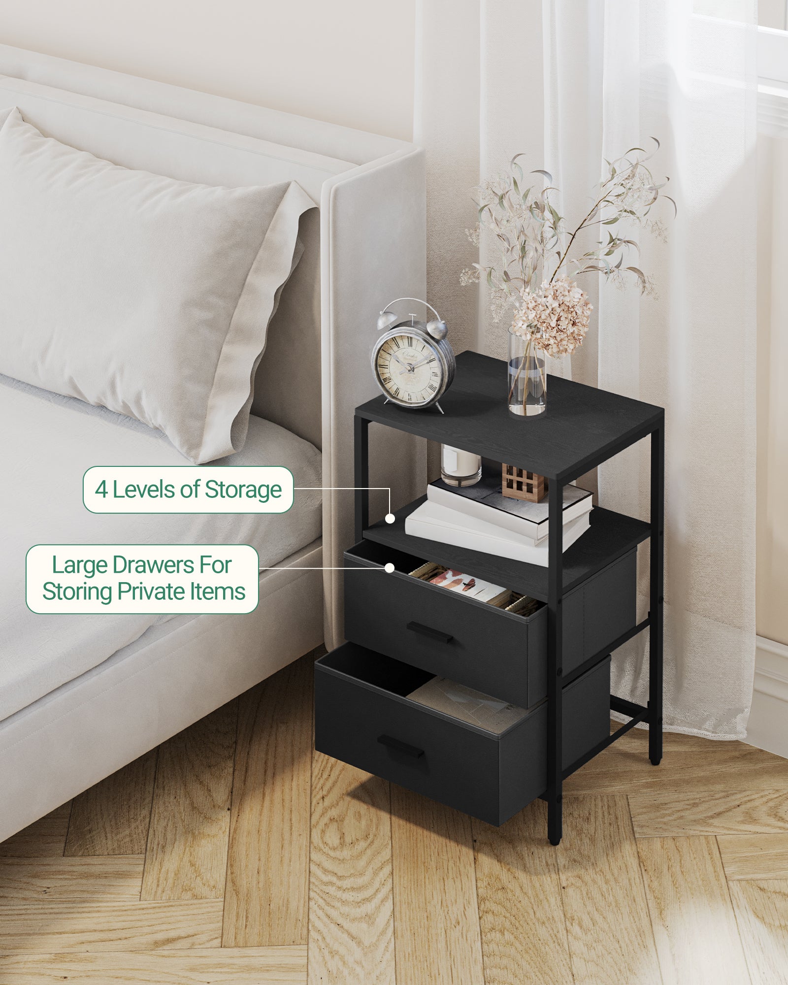 HEXCELEN Bedside Table Set of 2 with 2 Fabric Drawers & Shelf, Nightstand for Bedroom and Living Room, Black