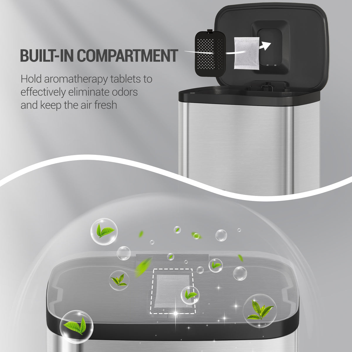 Hzuaneri 50L Kitchen Bin, Steel Pedal Bin with Soft-Close Lid, Inner Bucket, with 15 Bin Bags, Soft Close and Stay Open, Silver SW15099E