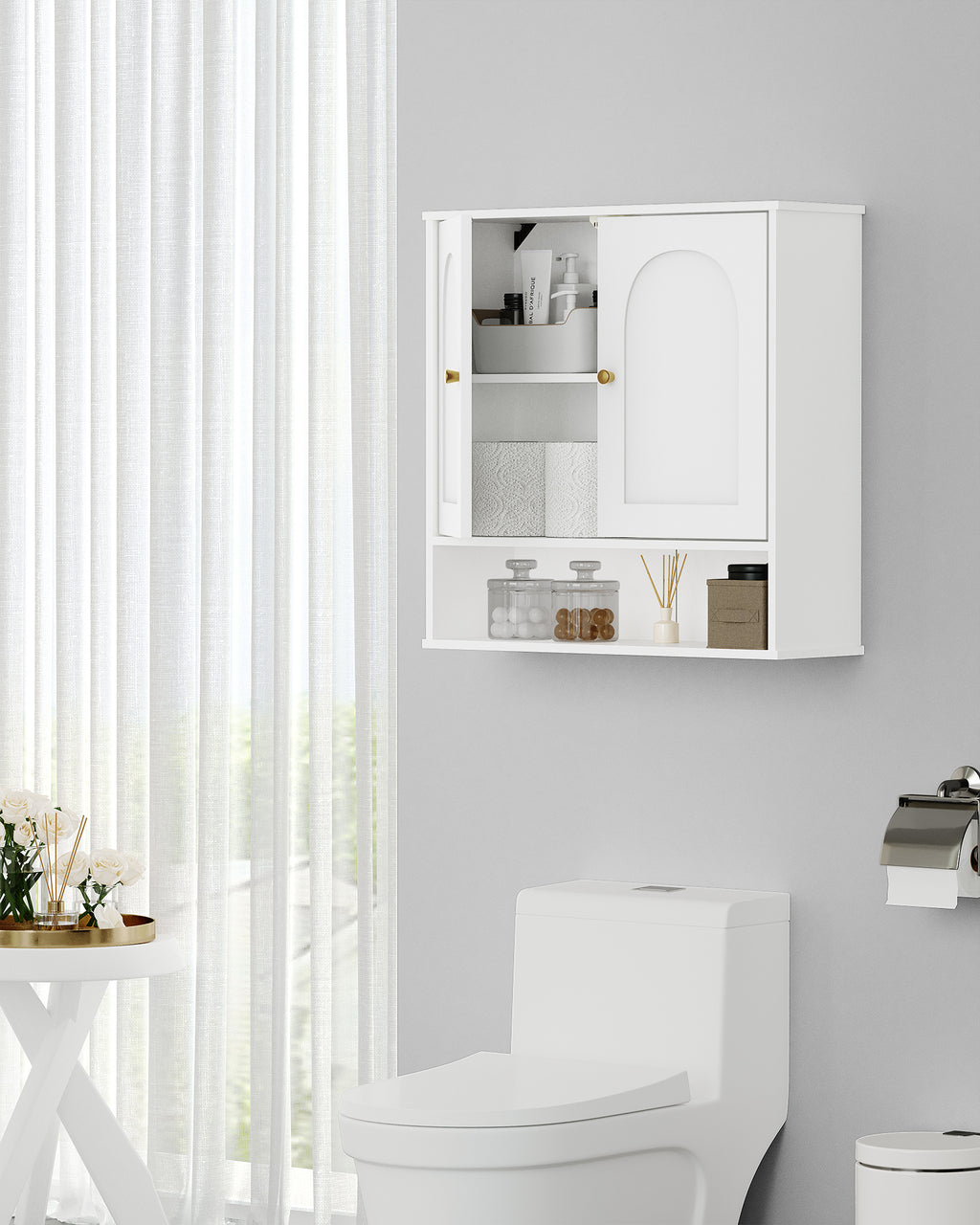 Hzuaneri  Wall Cabinet Bathroom Cabinet for Toilet and Over Sink with 2 Doors, Open Space and Adjustable Shelves Medicine Cabinet White with Wood Grain BC40113X