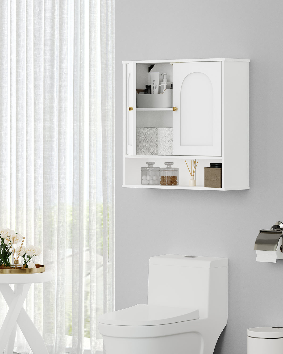 Hzuaneri  Wall Cabinet Bathroom Cabinet for Toilet and Over Sink with 2 Doors, Open Space and Adjustable Shelves Medicine Cabinet White with Wood Grain BC40113X