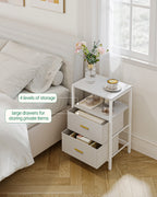 HEXCELEN Bedside Table Set of 2 with 2 Fabric Drawers & Shelf, Nightstand for Bedroom and Living Room, White