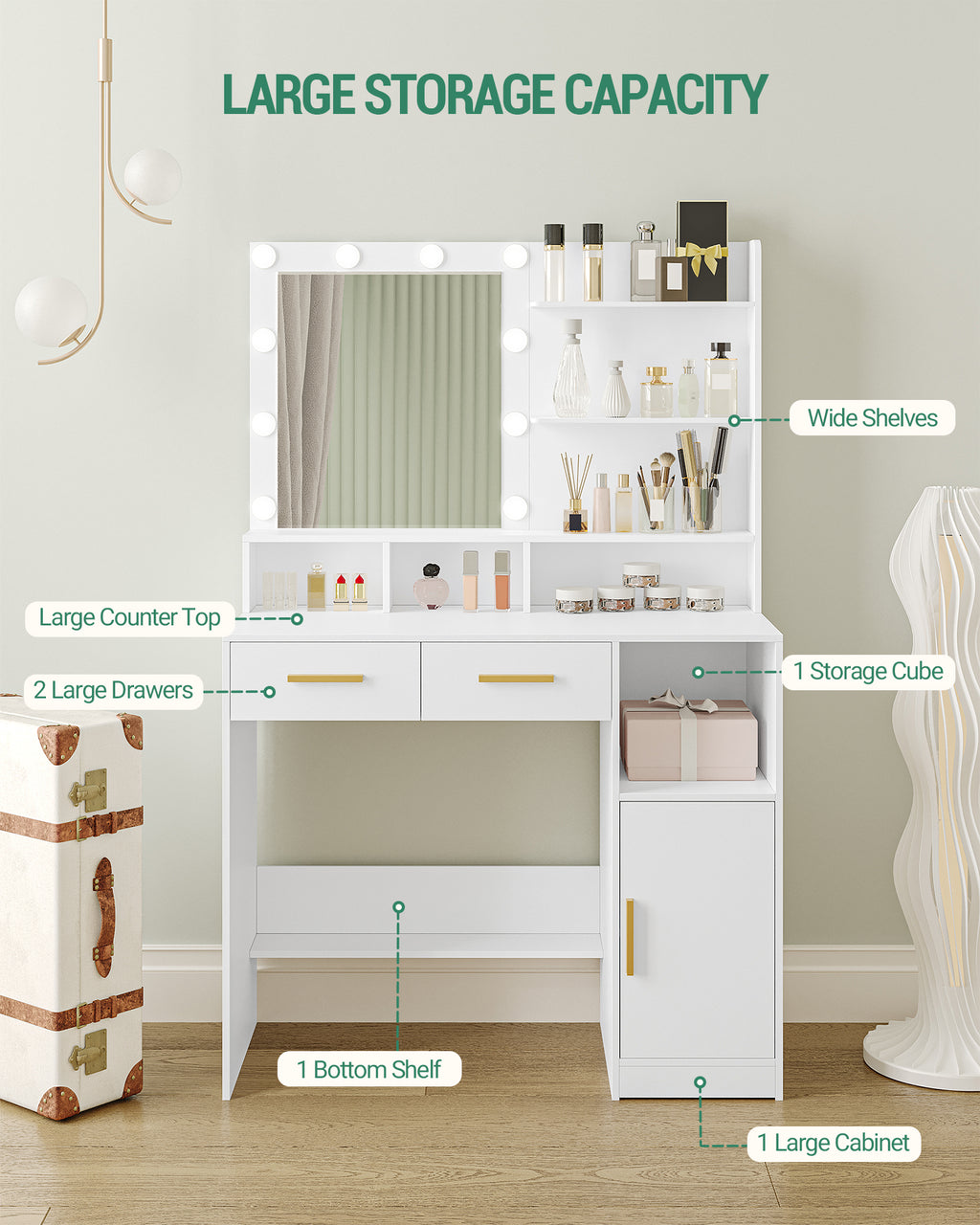 HEXCELEN Dressing Table with LED Lights Mirror, Adjustable Brightness, 2 Drawers & Cabinet, White