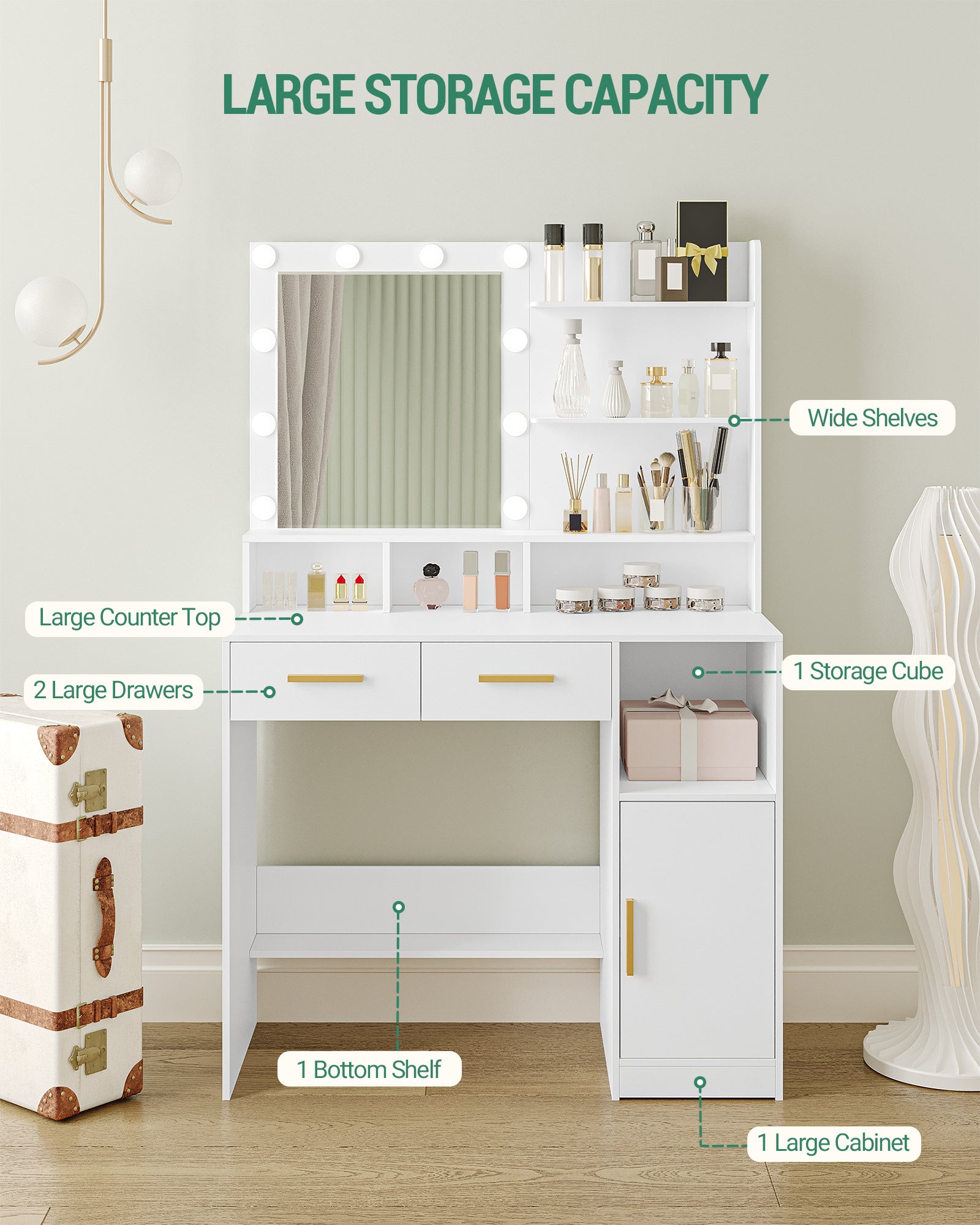 HEXCELEN Dressing Table with LED Lights Mirror, Adjustable Brightness, 2 Drawers & Cabinet, White