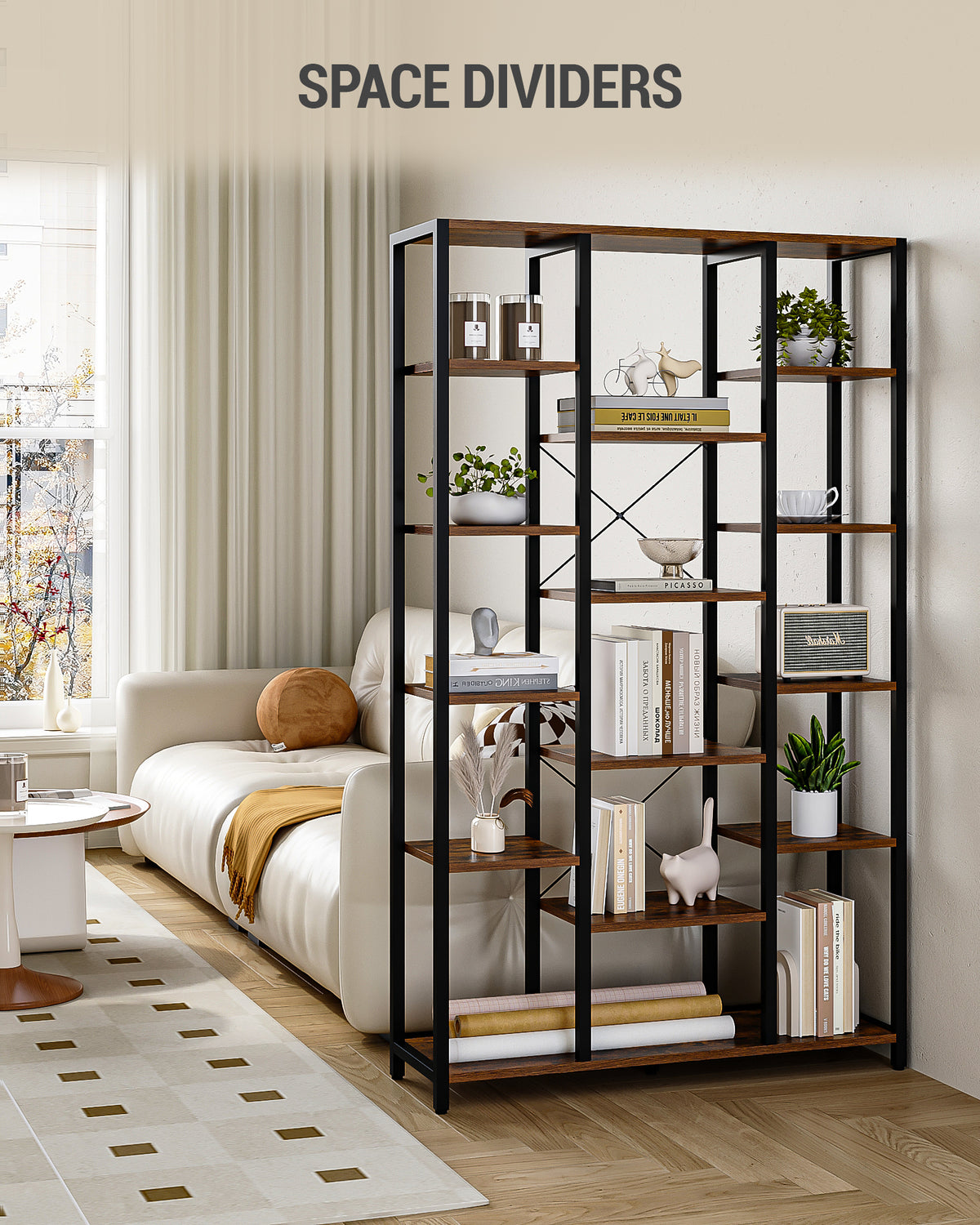 Hzuaneri 6-Level Bookshelf with 15 Adjustable Shelves, Vintage Brown-Black, 30 x 100 x 170 cm