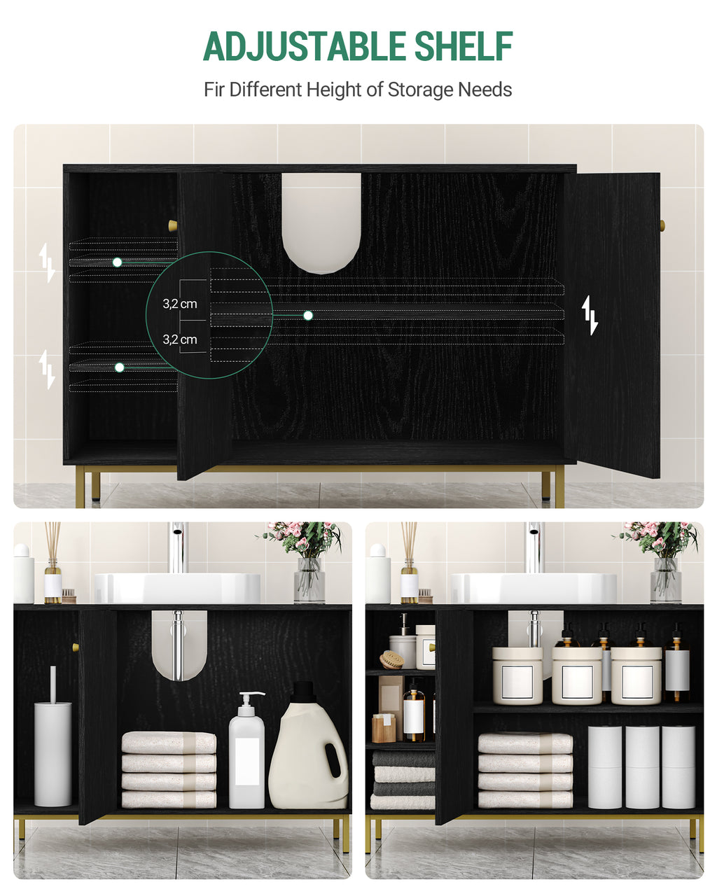 Hzuaneri Vanity Unit, Base Cabinet, Washbasin Cabinet, Bathroom Cabinet with 2 Doors, Adjustable Shelf, Ample Storage Space, Modern Style, 30 x 90 x 63 cm, Black BC09804G