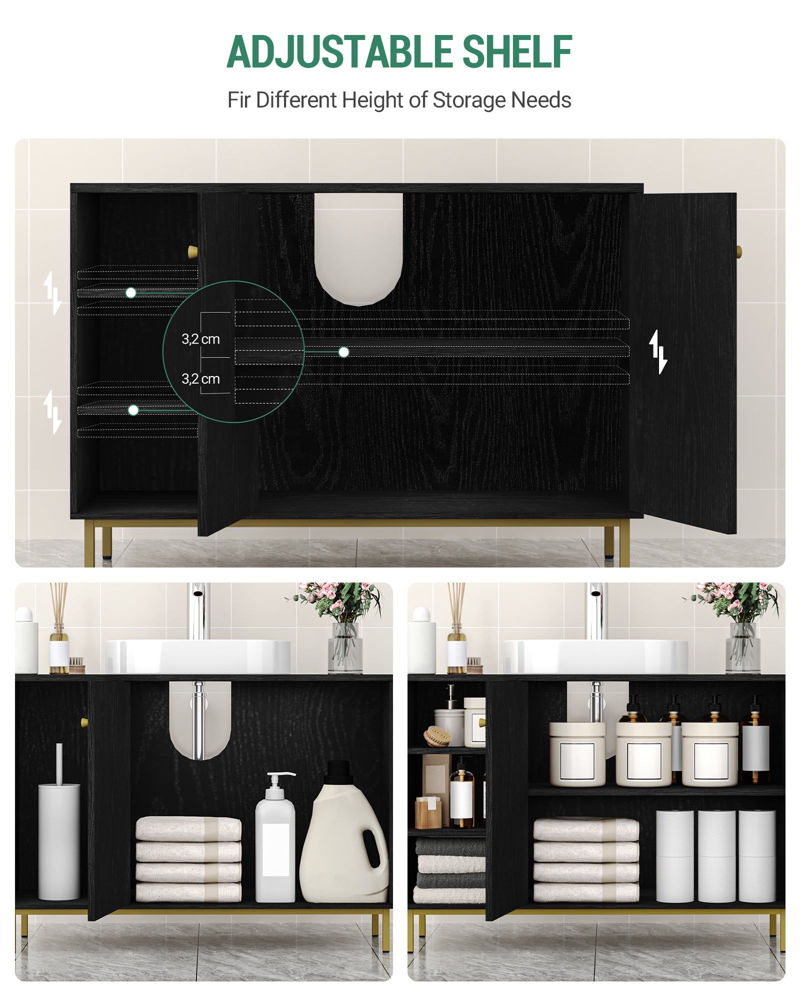 Hzuaneri Vanity Unit, Base Cabinet, Washbasin Cabinet, Bathroom Cabinet with 2 Doors, Adjustable Shelf, Ample Storage Space, Modern Style, 30 x 90 x 63 cm, Black BC09804G