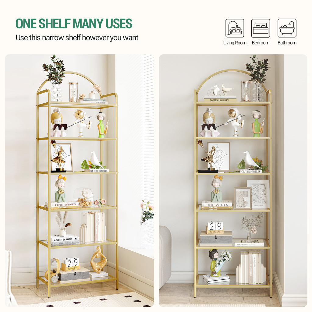 Hzuaneri 6 Tier Bookcase Bookshelf, Tempered Glass Bookshelves, Slim Shelving Unit for Bedroom, Bathroom, Home Office, Steel Frame, Gold BC21699G