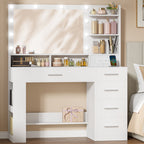 Hzuaneri Makeup Vanity Desk, 43"W Vanity Table with 3-Color LED Mirror & Power Outlet, 5 Drawers & 3 Open Shelves, Makeup Desk for Girls Bedroom, White
