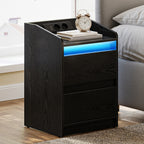 HEXCELEN Bedside Table with LED Lights & Charging Station, 2 Drawers, USB Ports and Power Outlets, Black