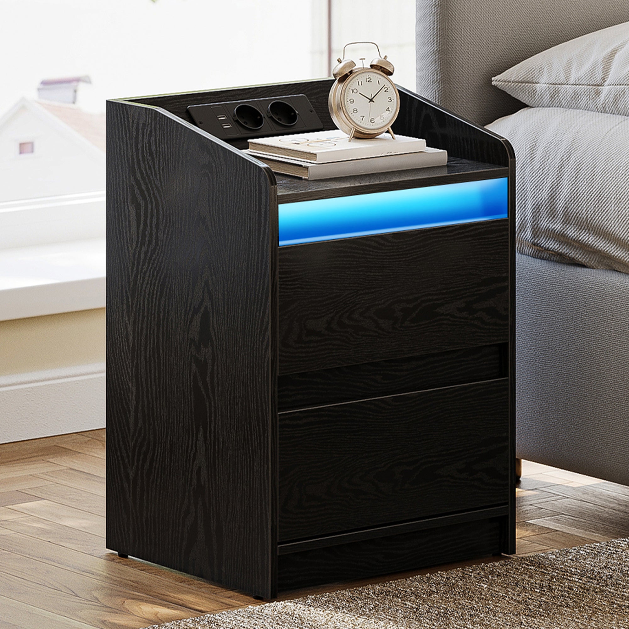HEXCELEN Bedside Table with LED Lights & Charging Station, 2 Drawers, USB Ports and Power Outlets, Black