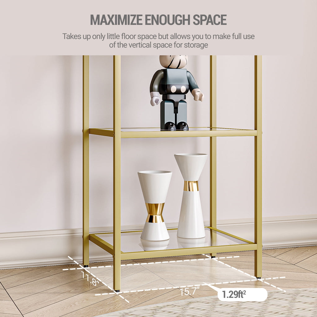Hzuaneri 4-Tier Bookcase Bookshelf, Tempered Glass Bookshelves, Slim Shelving Unit for Bedroom, Bathroom, Home Office, Steel Frame, Gold, 48in Tall