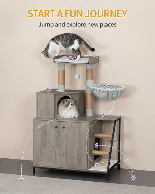4-in-1 Cat Litter Box Enclosure Cat Tree, Platform, Scratcher, Stairs,Greige with Platform, Scratching Posts, Washable Removable Cushion, Greige