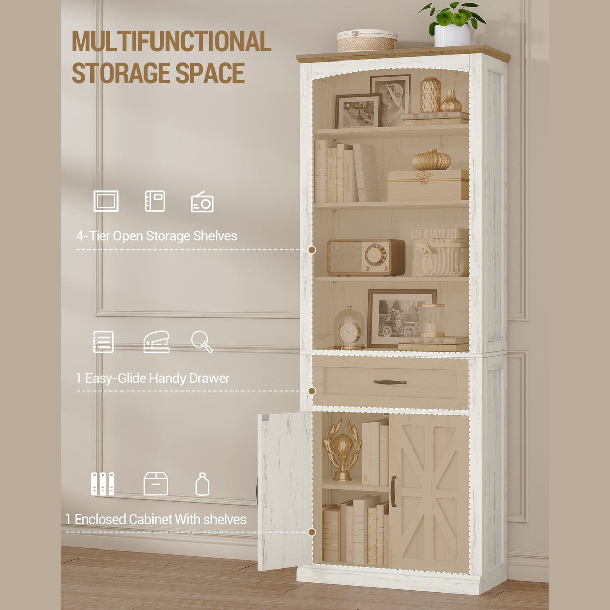 Hzuaneri 70.9" H Tall Bookshelf with a Drawer, 7 Tier Freestanding Bookcase with Storage Cabinet and 2 Doors, Adjustable Shelves, for Home Office, Living Room, White and Brown
