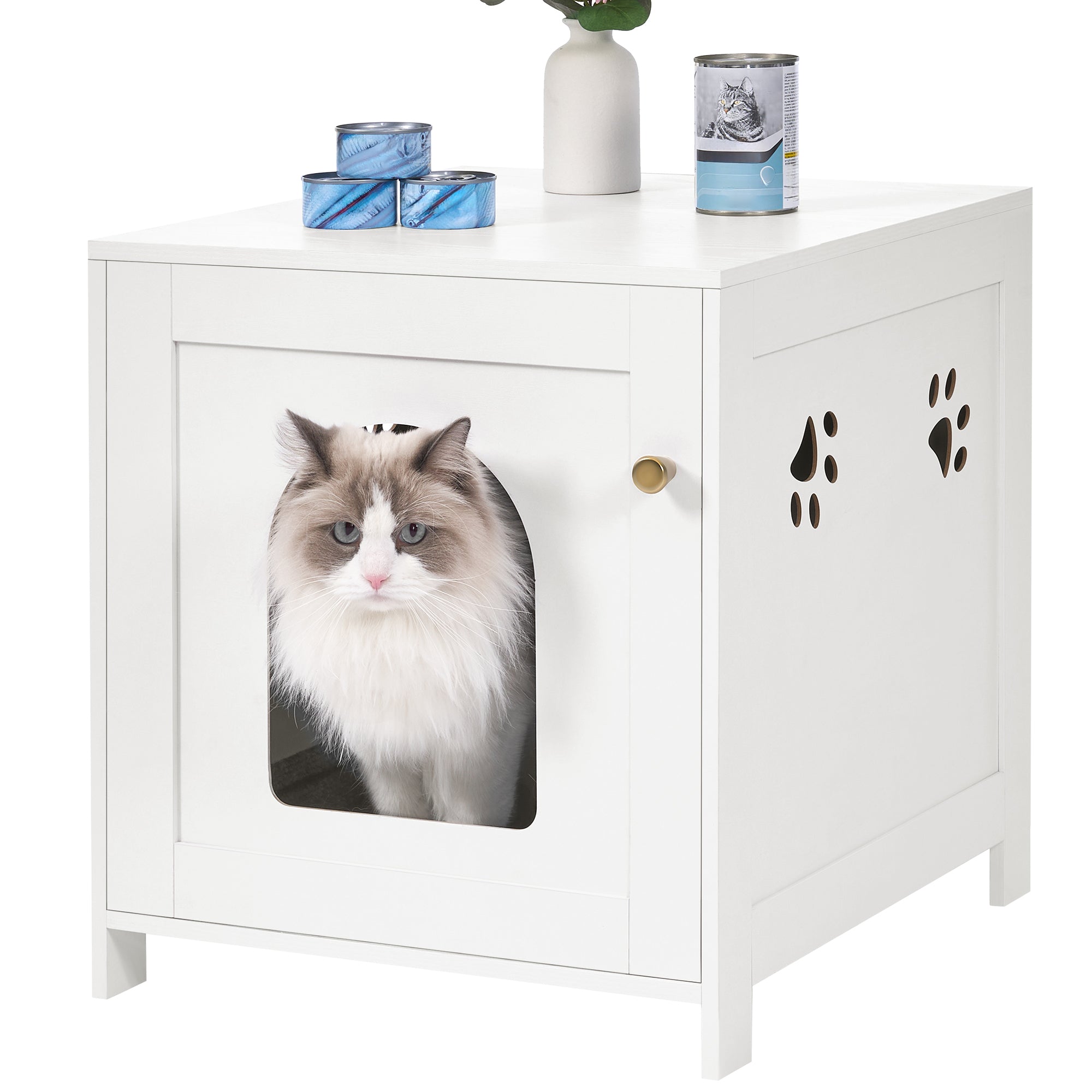 Hzuaneri Cat Litter Box Enclosure, 52 cm L Hidden Litter Box Furniture, Wooden Indoor Pet House with Front Arched Door, Side End Table, Nightstand for Living Room, Bedroom, White CB82213X