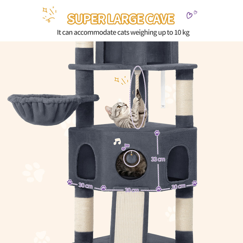 Hzuaneri Cat Tree for Indoor Cats, 174cm Cat Tower for Large Cats, 2 Platforms, 2 Caves, 4 Sisal Posts, Scratching Board, Cat Basket, Sisal Rope, Heavy-Duty for multiple cats, Dark Grey MS17418SG