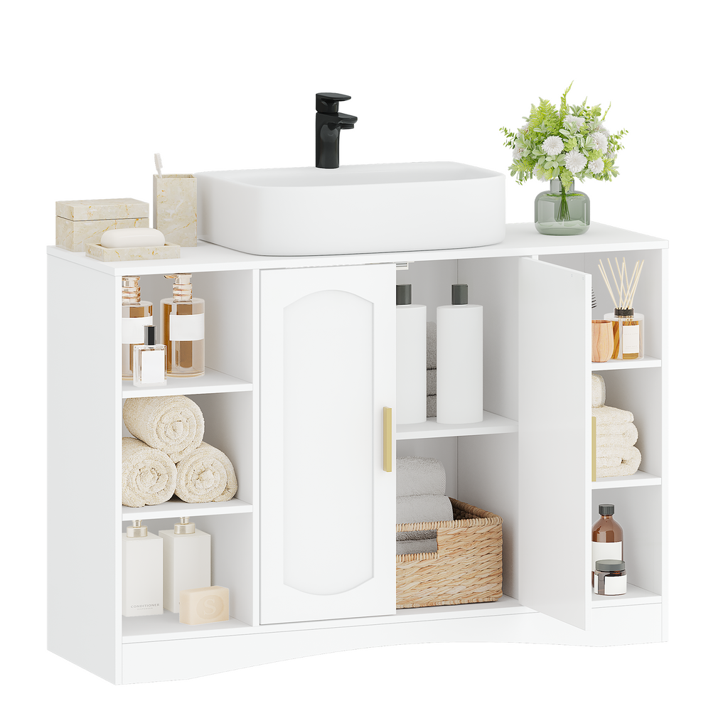 HEXCELEN Vanity Unit, Bathroom Cabinet, 30 × 90 × 61.2 cm, Vanity Unit with 2 Doors, 6 Open Shelves, Bathroom Cabinet, Adjustable Shelf, Ample Storage Space, White 506103X