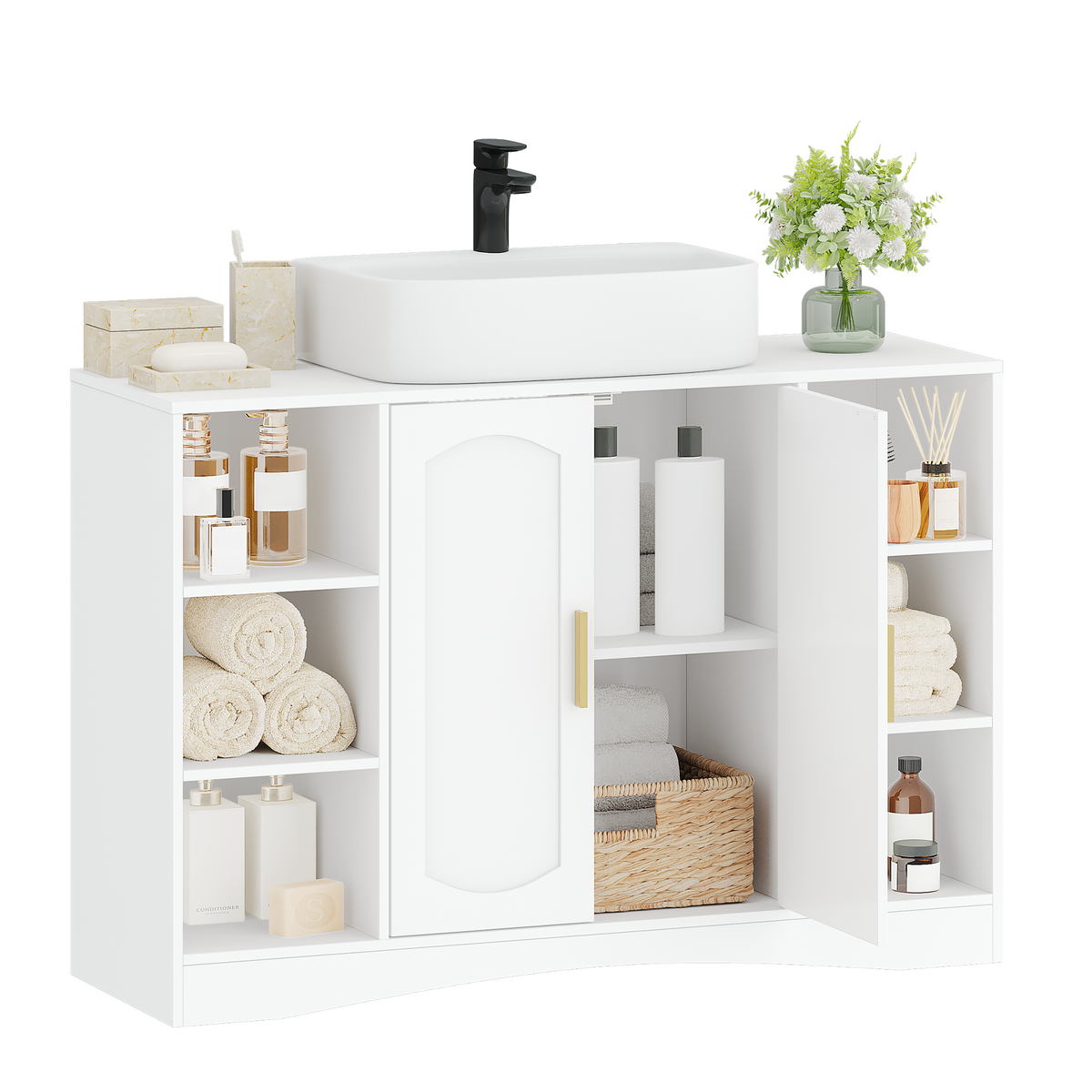 HEXCELEN Vanity Unit, Bathroom Cabinet, 30 × 90 × 61.2 cm, Vanity Unit with 2 Doors, 6 Open Shelves, Bathroom Cabinet, Adjustable Shelf, Ample Storage Space, White 506103X