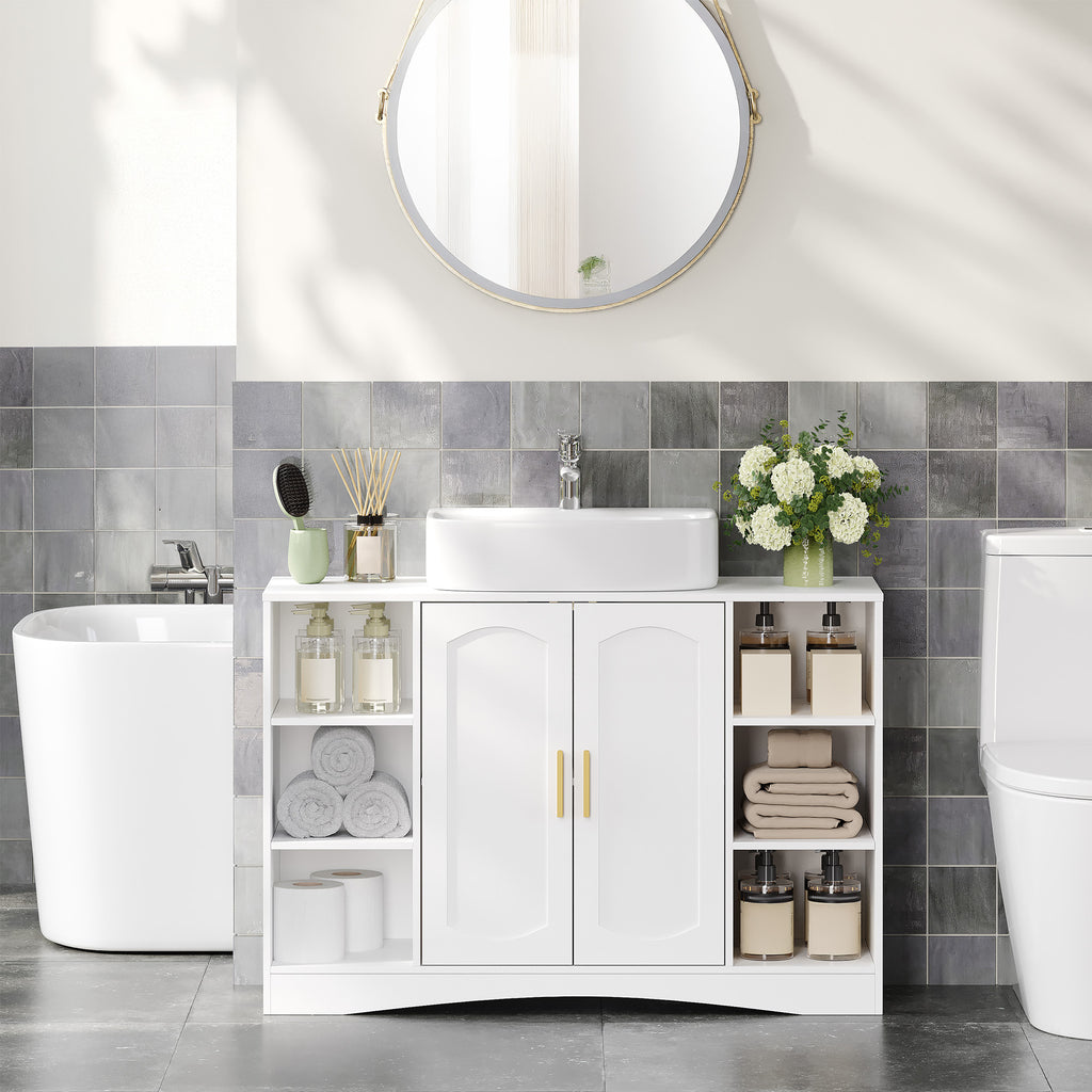 HEXCELEN Vanity Unit, Bathroom Cabinet, 30 × 90 × 61.2 cm, Vanity Unit with 2 Doors, 6 Open Shelves, Bathroom Cabinet, Adjustable Shelf, Ample Storage Space, White 506103X