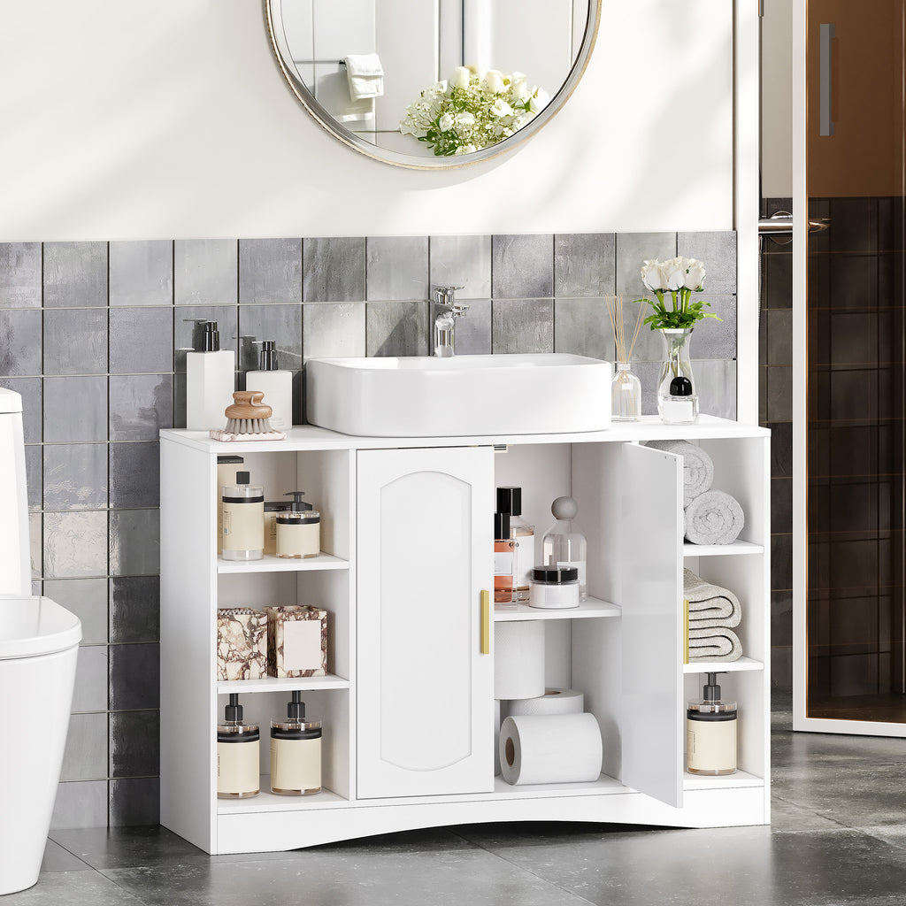 HEXCELEN Vanity Unit, Bathroom Cabinet, 30 × 90 × 61.2 cm, Vanity Unit with 2 Doors, 6 Open Shelves, Bathroom Cabinet, Adjustable Shelf, Ample Storage Space, White 506103X